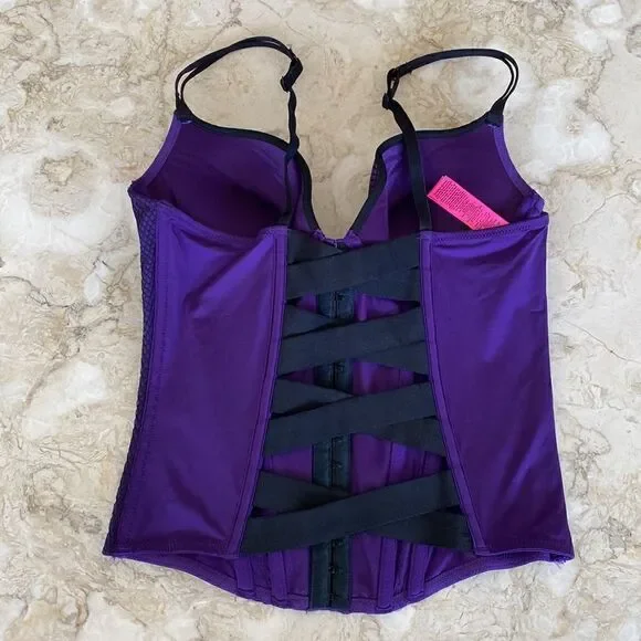 La SENZA Bustier Purple Black Lace Open Cross Back Medium - Picture 14 of 16